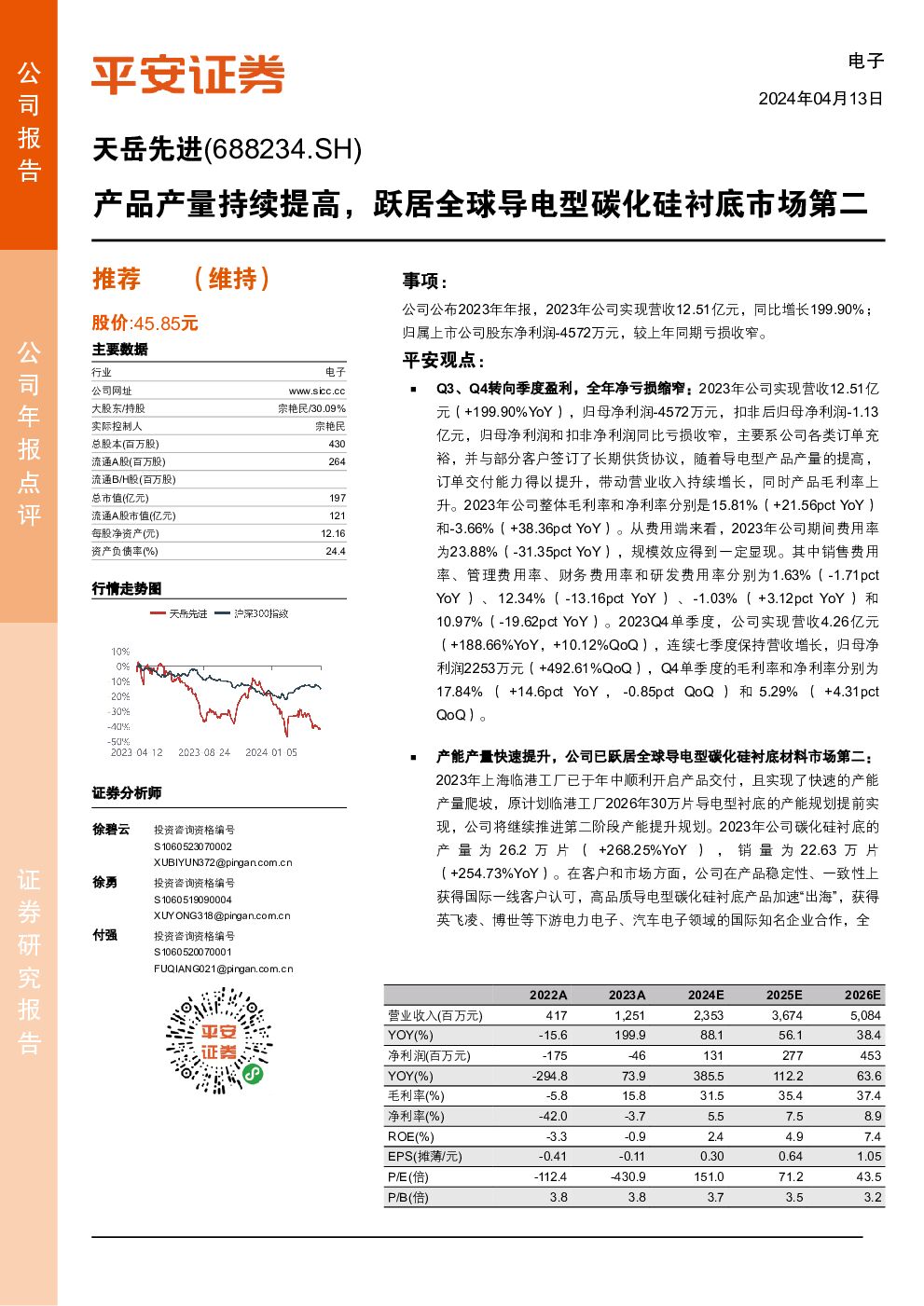 天岳先进 产品产量持续提高，跃居全球导电型碳化硅衬底市场第二 平安证券 2024-04-14（4页） 附下载