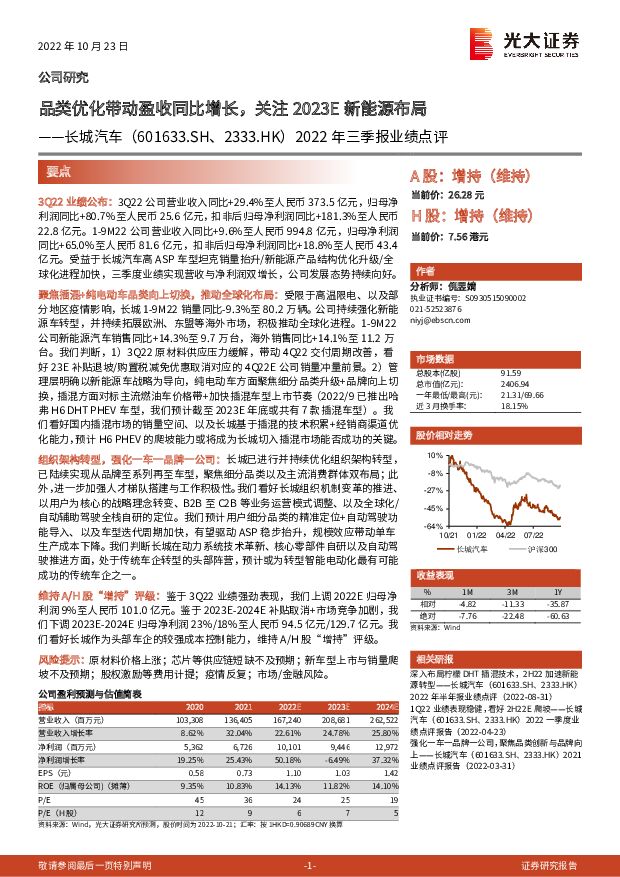 长城汽车 2022年三季报业绩点评：品类优化带动盈收同比增长，关注2023E新能源布局 光大证券 2022-10-23 附下载