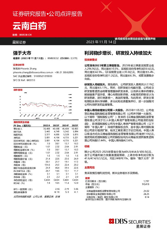 云南白药 利润稳步增长，研发投入持续加大 星展证券(中国) 2023-11-15（6页） 附下载