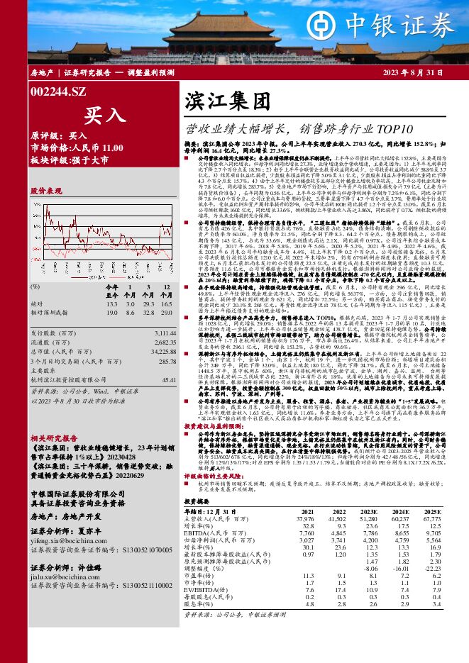 滨江集团 营收业绩大幅增长，销售跻身行业TOP10 中银证券 2023-08-31（7页） 附下载