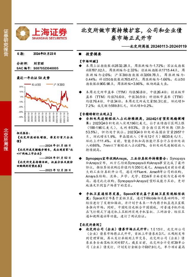 北交所周报：北交所做市商持续扩容，公司和企业债券市场正式开市 上海证券 2024-01-26（12页） 附下载