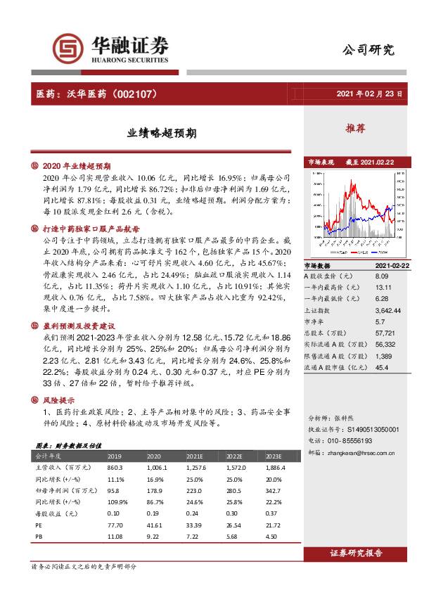 沃华医药 业绩略超预期 华融证券 2021-02-23