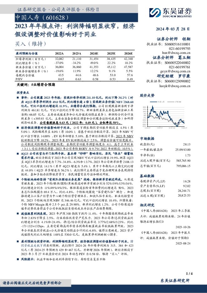 中国人寿 2023年年报点评：利润降幅明显收窄，经济假设调整对价值影响好于同业 东吴证券 2024-03-28（4页） 附下载