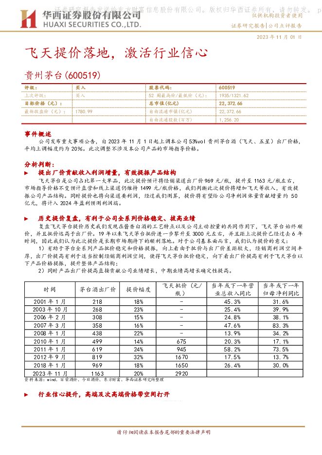 贵州茅台 飞天提价落地，激活行业信心 华西证券 2023-11-02（6页） 附下载