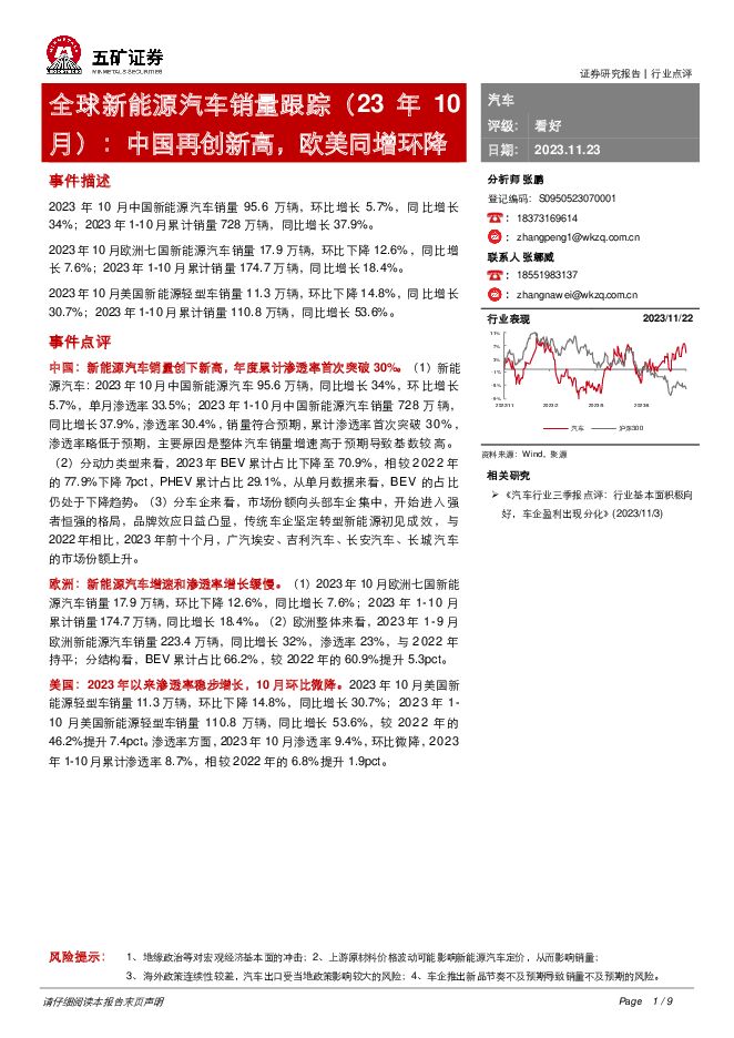 全球新能源汽车销量跟踪（23年10月）：中国再创新高，欧美同增环降 五矿证券 2023-11-23（9页） 附下载