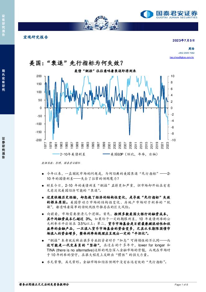 宏观研究报告：美国：“衰退”先行指标为何失效？ 国泰君安证券(香港) 2023-07-05（6页） 附下载