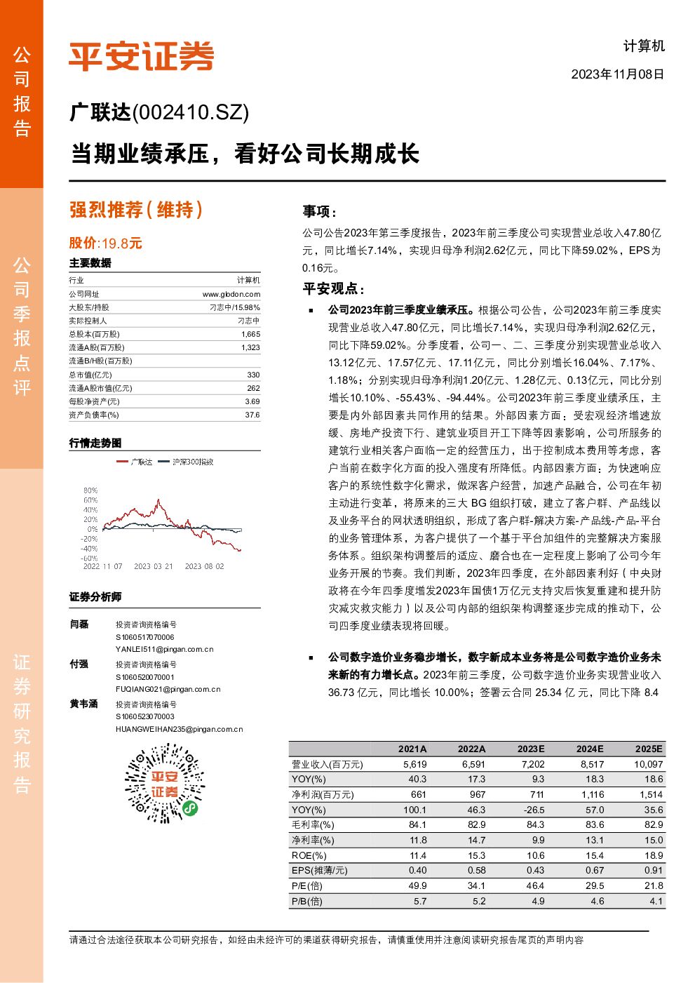 广联达 当期业绩承压，看好公司长期成长 平安证券 2023-11-08（4页） 附下载