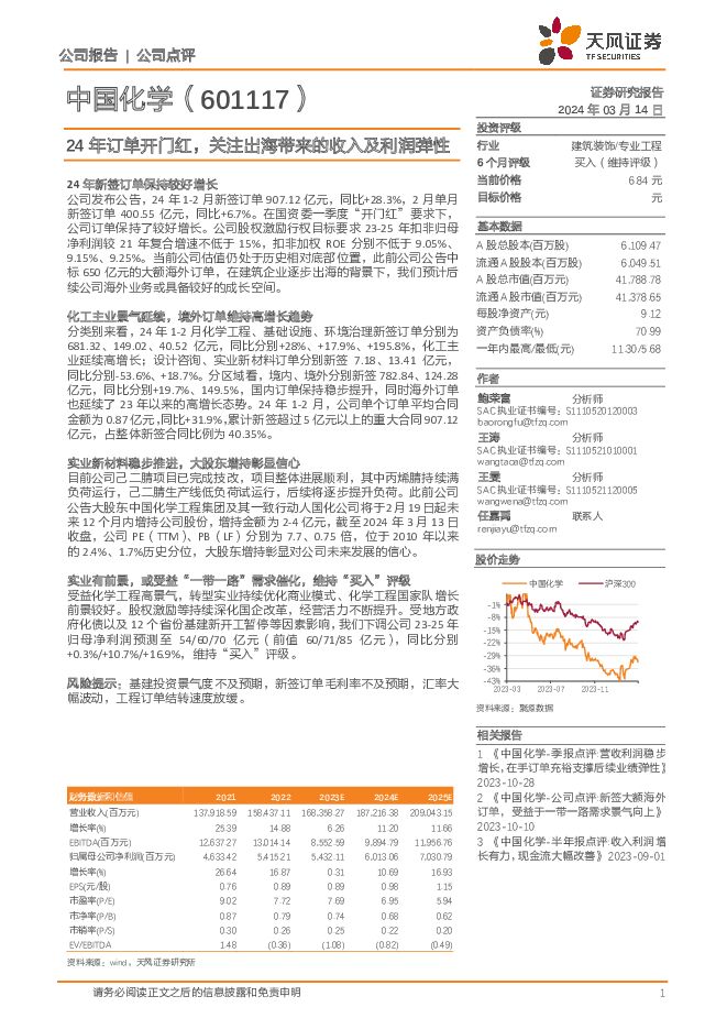 中国化学 24年订单开门红，关注出海带来的收入及利润弹性 天风证券 2024-03-15（4页） 附下载