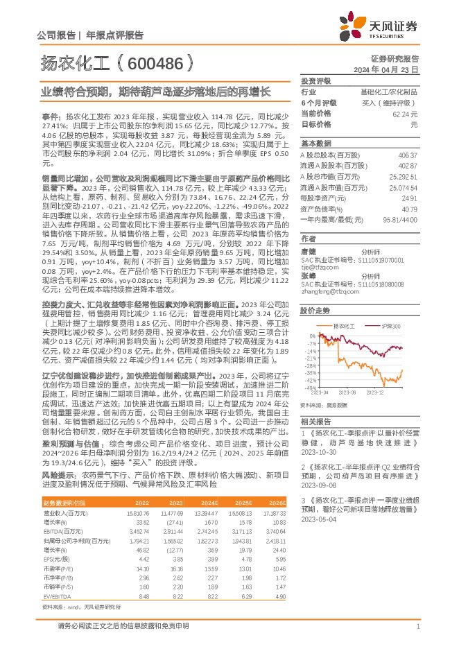 扬农化工 业绩符合预期，期待葫芦岛逐步落地后的再增长 天风证券 2024-04-24（6页） 附下载