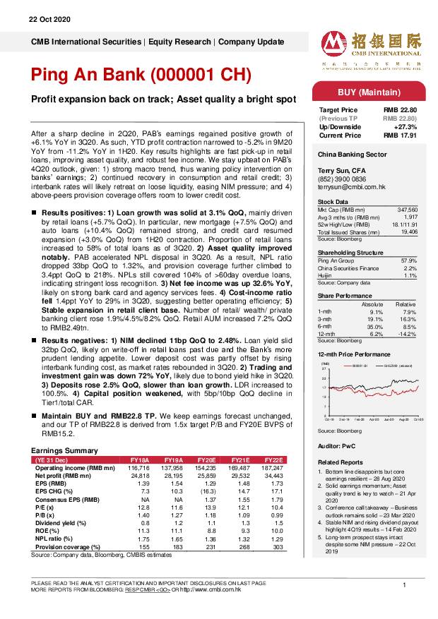 平安银行 Profit expansion back on track; Asset quality a bright spot 招银国际 2020-10-22