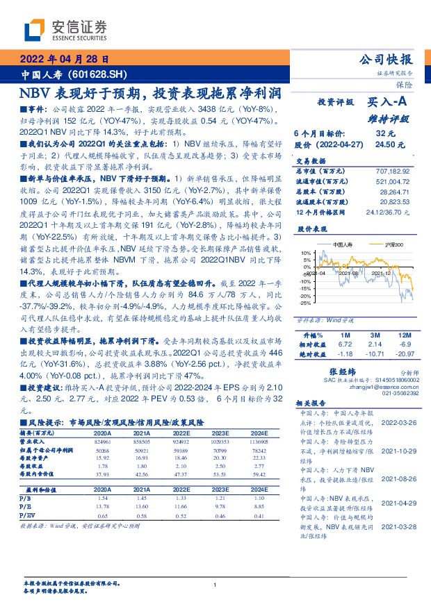 中国人寿 NBV表现好于预期，投资表现拖累净利润 安信证券 2022-04-29 附下载