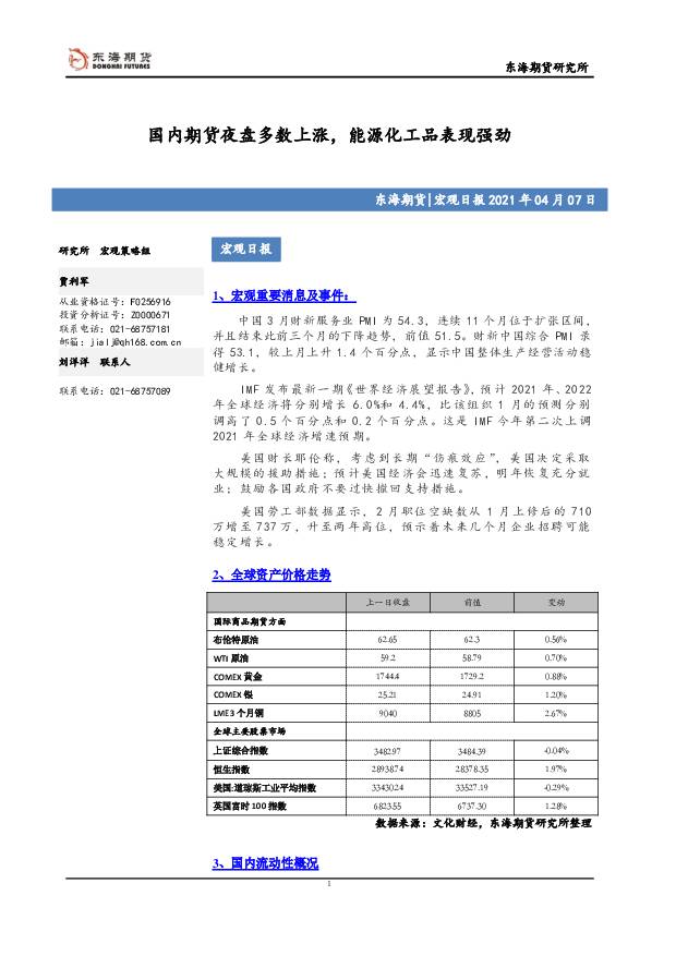 宏观日报：国内期货夜盘多数上涨，能源化工品表现强劲 东海期货 2021-04-07