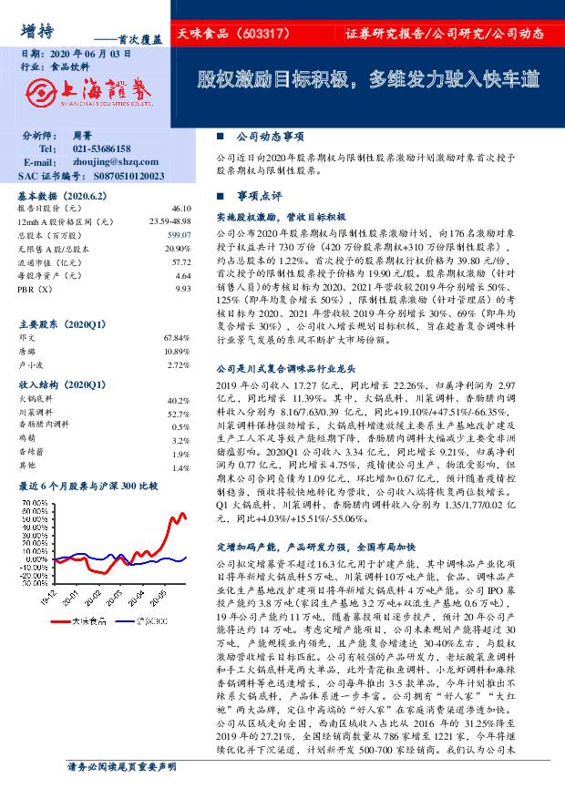 天味食品 股权激励目标积极，多维发力驶入快车道 上海证券 2020-06-03