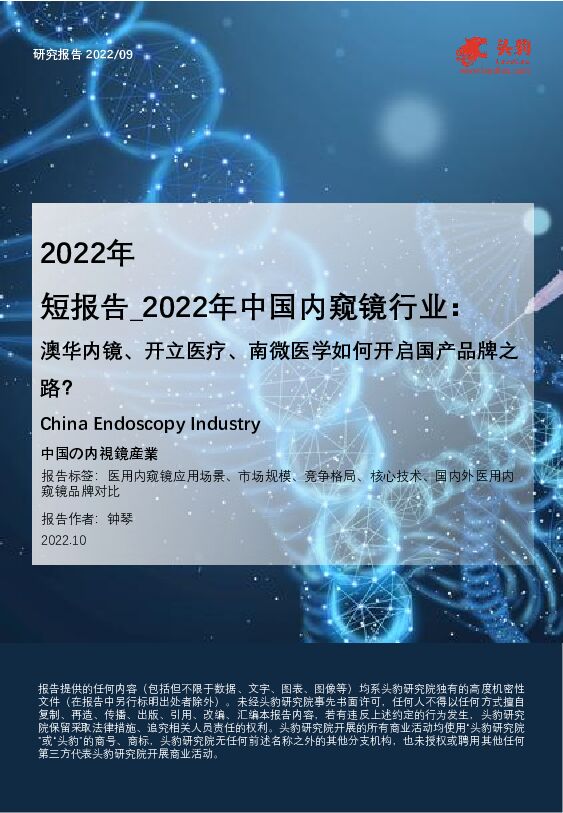 2022年中国内窥镜行业：澳华内镜、开立医疗、南微医学如何开启国产品牌之路？ 头豹研究院 2022-11-24 附下载
