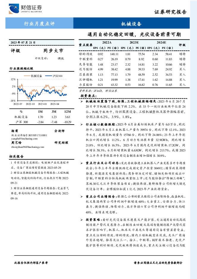 机械设备行业月度点评：通用自动化稳定回暖，光伏设备前景可期 财信证券 2023-07-24（15页） 附下载