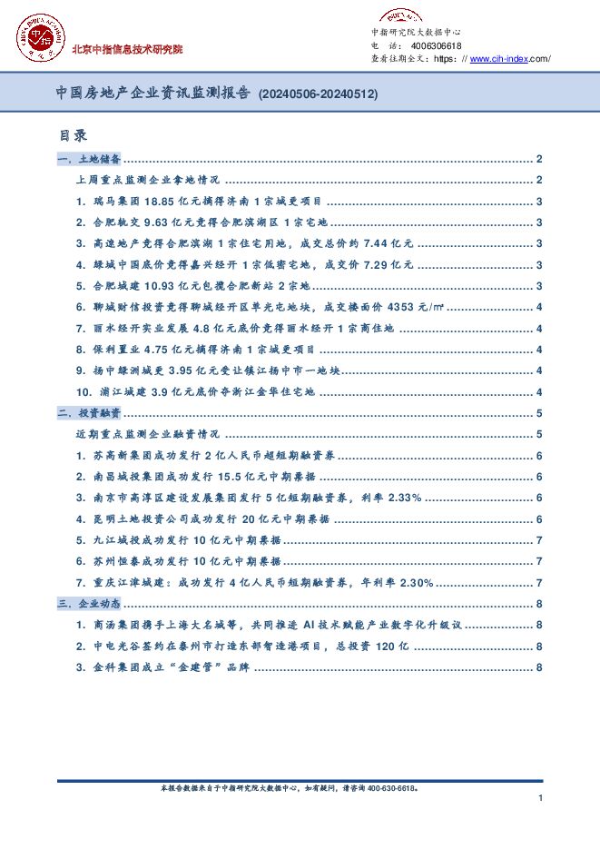 中国房地产企业资讯监测报告 中国指数研究院 2024-05-14（8页） 附下载