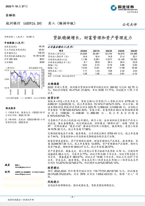 杭州银行 贷款稳健增长，财富管理和资产管理发力 国金证券 2022-11-14 附下载