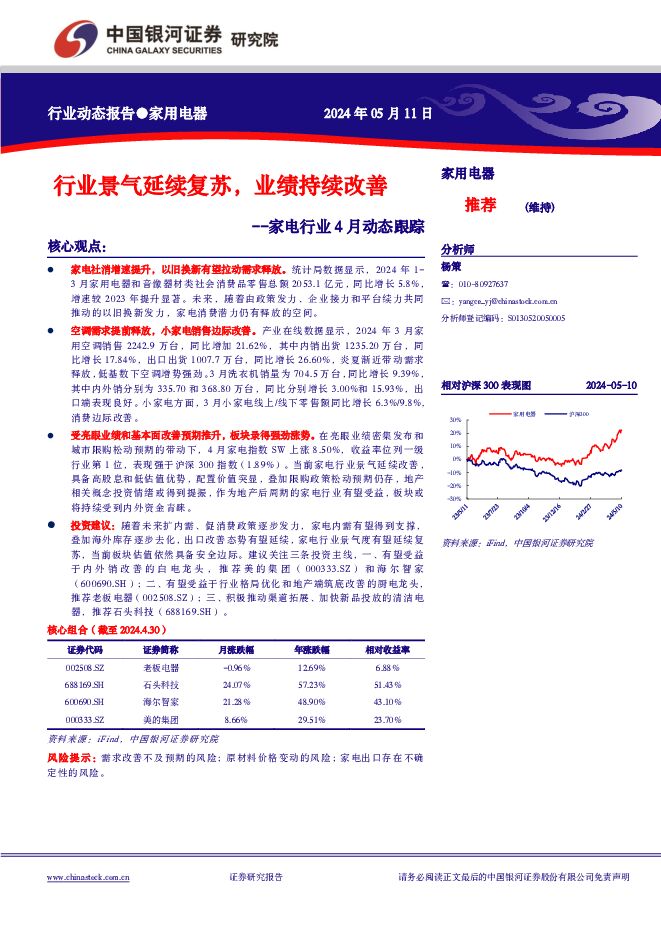 家电行业4月动态跟踪：行业景气延续复苏，业绩持续改善 中国银河 2024-05-13（20页） 附下载