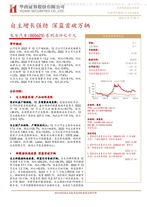 长安汽车 系列点评七十九：自主增长强劲 深蓝首破万辆 华西证券 2023-01-10 附下载