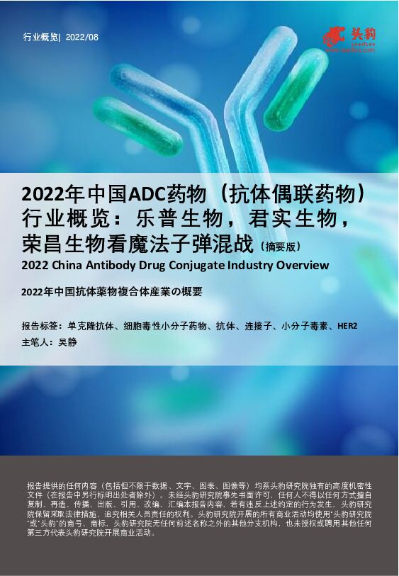 2022年中国ADC药物（抗体偶联药物）行业概览：乐普生物，君实生物，荣昌生物看魔法子弹混战（摘要版） 头豹研究院 2022-09-23 附下载