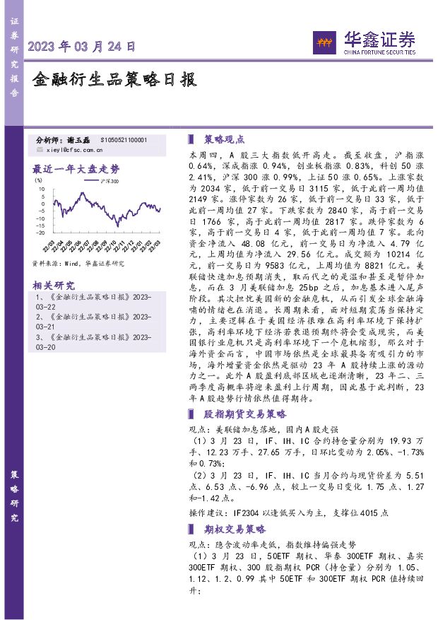 金融衍生品策略日报 华鑫证券 2023-03-24 附下载
