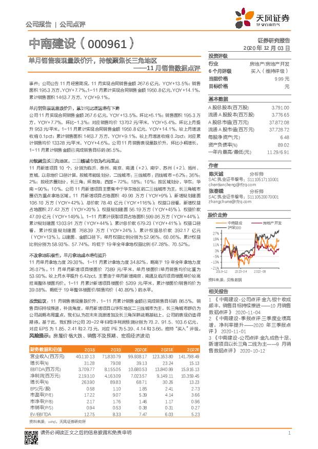 中南建设 11月销售数据点评：单月销售表现量跌价升，持续聚焦长三角地区 天风证券 2020-12-03