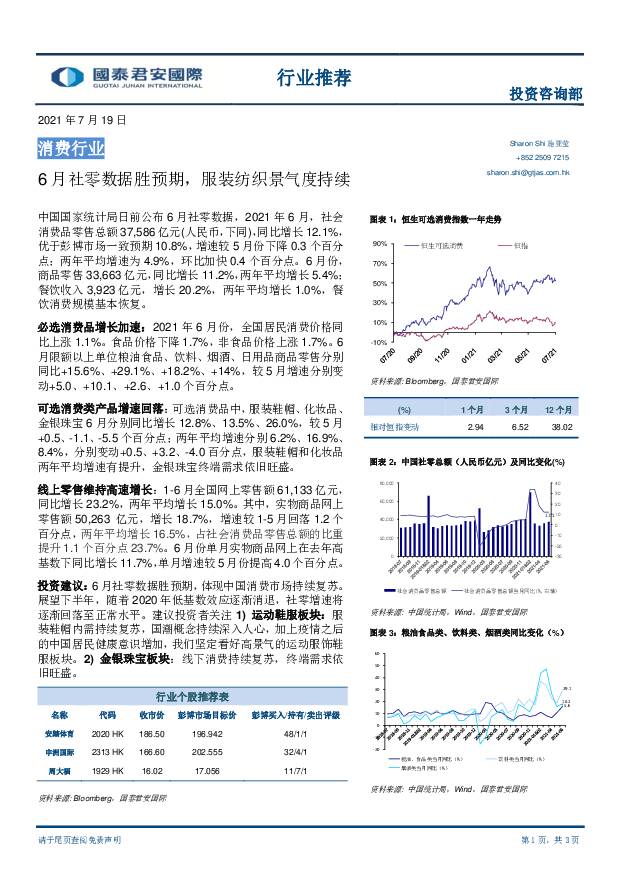 消费行业：6月社零数据胜预期，服装纺织景气度持续 国泰君安证券(香港) 2021-07-20