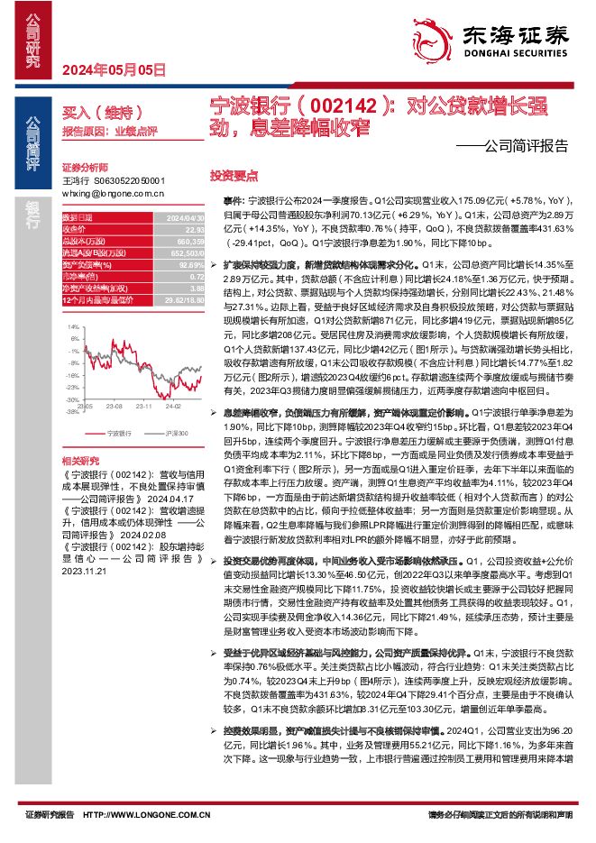宁波银行 公司简评报告：对公贷款增长强劲，息差降幅收窄 东海证券 2024-05-06（6页） 附下载