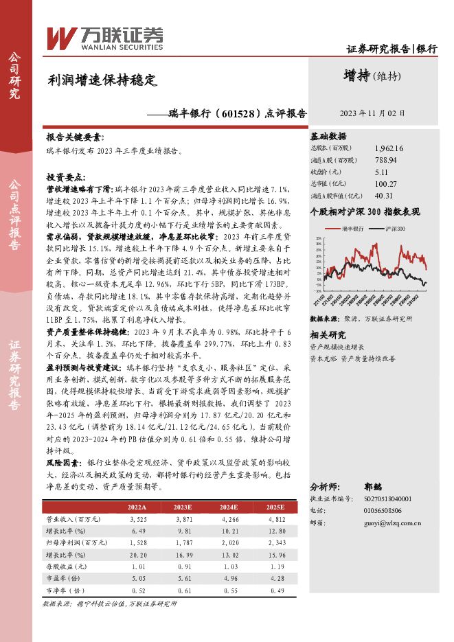 瑞丰银行 点评报告：利润增速保持稳定 万联证券 2023-11-03（3页） 附下载