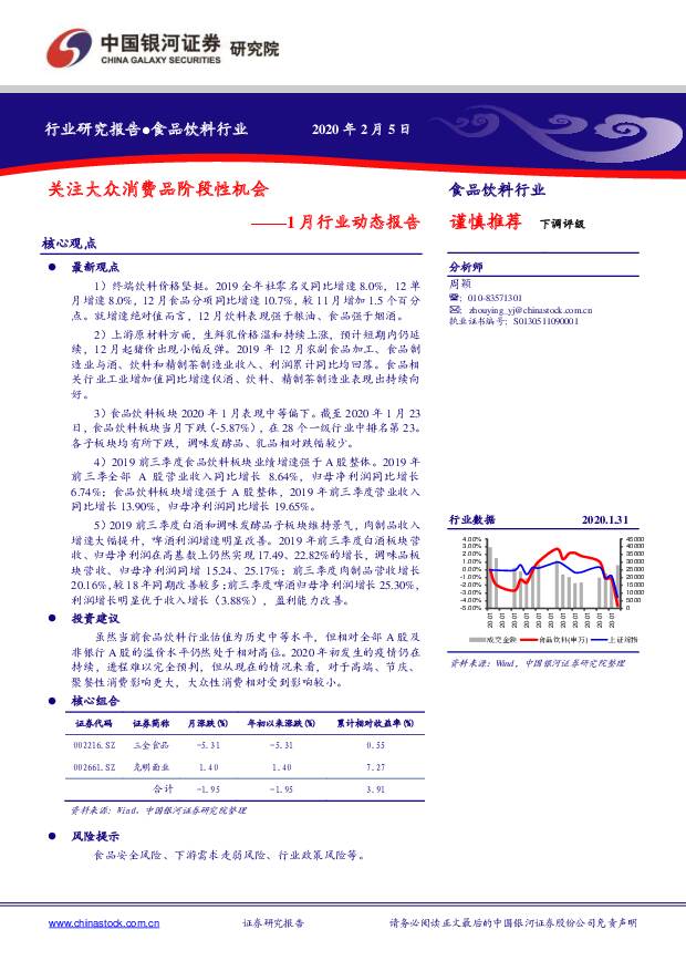 食品饮料行业1月行业动态报告：关注大众消费品阶段性机会 中国银河 2020-02-12