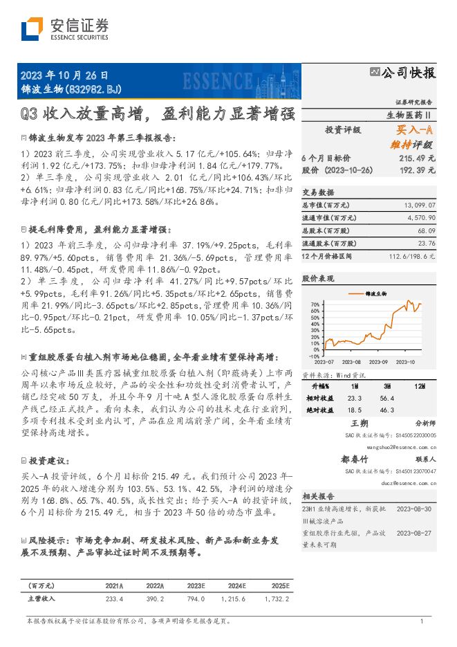 锦波生物 Q3收入放量高增，盈利能力显著增强 安信证券 2023-10-31（5页） 附下载
