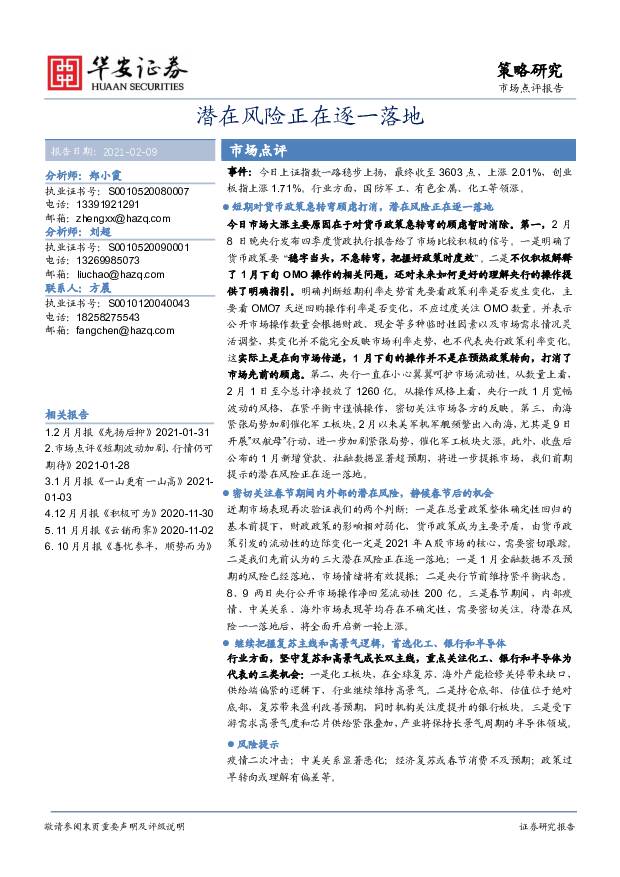 市场点评报告：潜在风险正在逐一落地 华安证券 2021-02-09