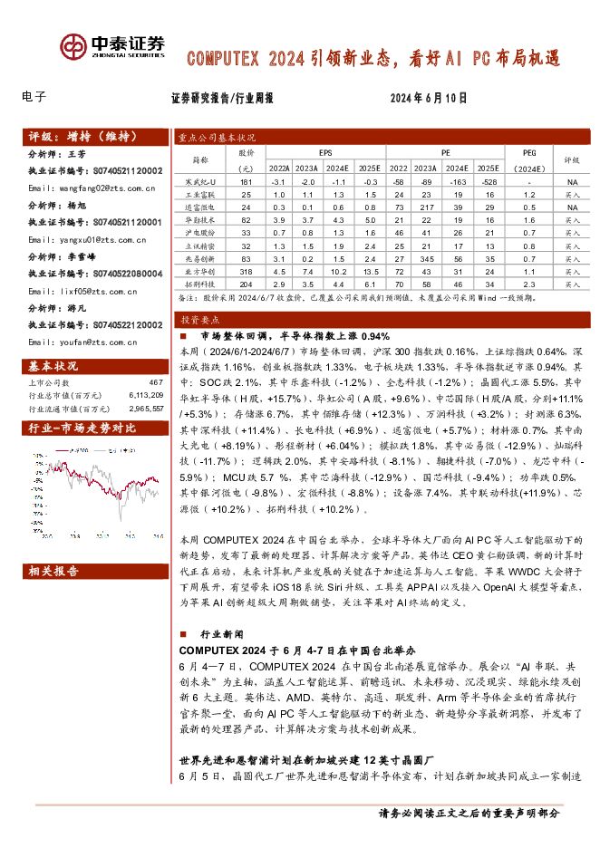 电子行业周报：COMPUTEX 2024引领新业态，看好AI PC布局机遇 中泰证券 2024-06-11（15页） 附下载