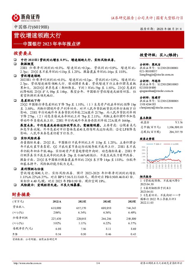 中国银行 中国银行2023年半年报点评：营收增速领跑大行 浙商证券 2023-08-31（4页） 附下载