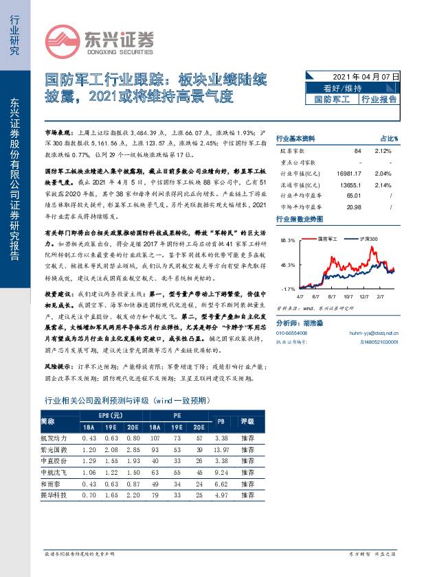 国防军工行业跟踪：板块业绩陆续披露，2021或将维持高景气度 东兴证券 2021-04-07