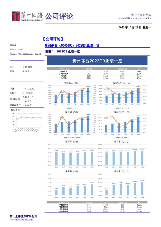 贵州茅台 2023Q3业绩一览 第一上海证券 2023-10-24（3页） 附下载