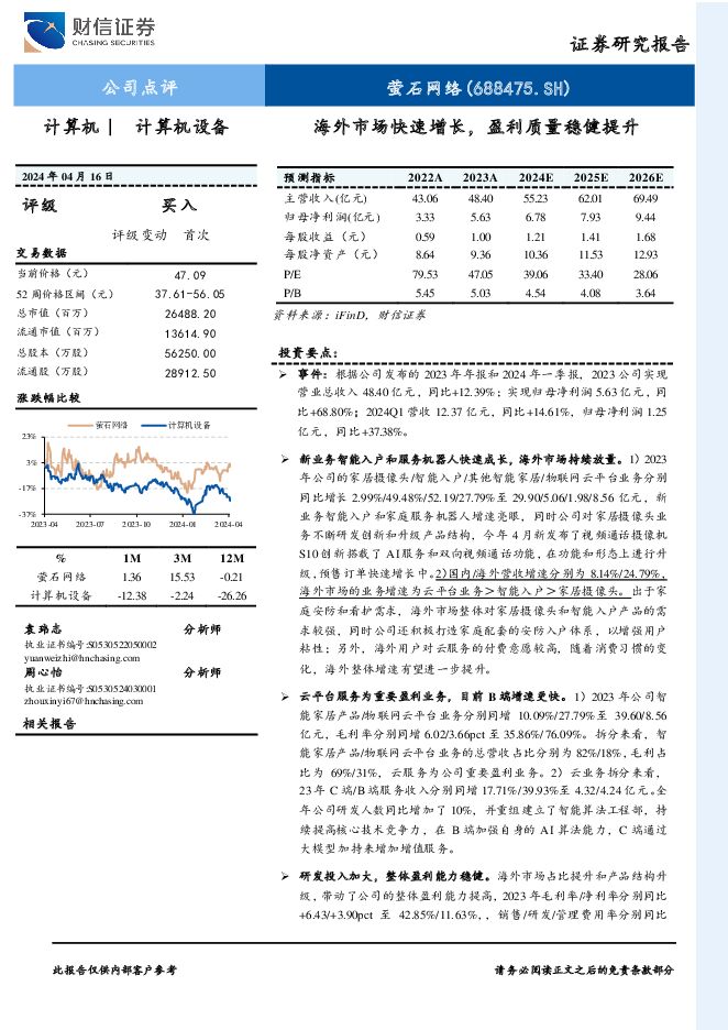 萤石网络 海外市场快速增长，盈利质量稳健提升 财信证券 2024-04-22（4页） 附下载