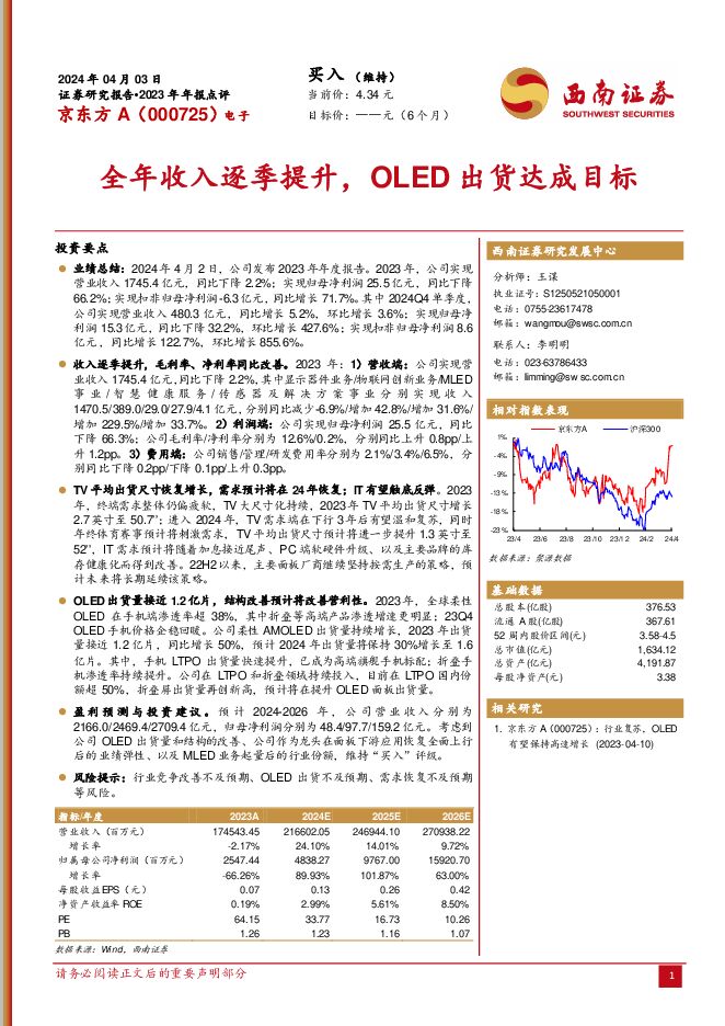 京东方A 全年收入逐季提升，OLED出货达成目标 西南证券 2024-04-09（7页） 附下载