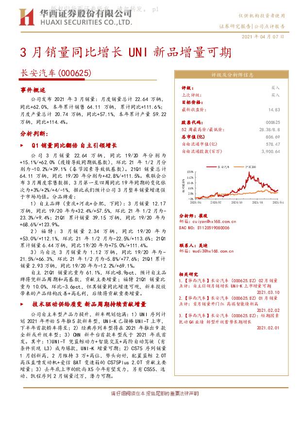 长安汽车 3月销量同比增长 UNI新品增量可期 华西证券 2021-04-08