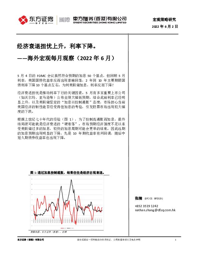 海外宏观每月观察（2022年6月）：经济衰退担忧上升，利率下降。 东方证券(香港) 2022-06-02 附下载