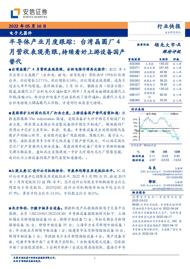 半导体产业月度跟踪：台湾晶圆厂4月营收表现亮眼，持续看好上游设备国产替代 安信证券 2022-05-16 附下载