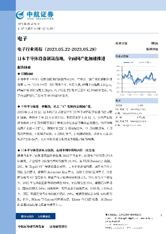 电子行业周报：日本半导体设备制裁落地，全面国产化加速推进 中航证券 2023-05-29（17页） 附下载