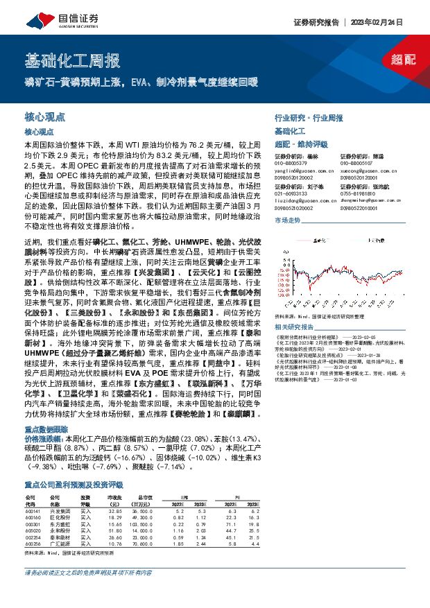 基础化工周报：磷矿石-黄磷预期上涨，EVA、制冷剂景气度继续回暖 国信证券 2023-02-24 附下载