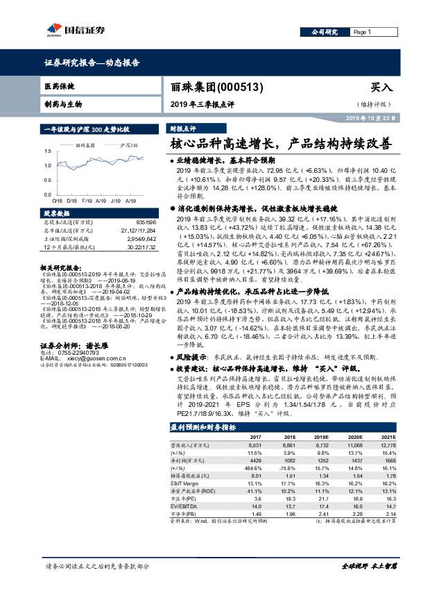 丽珠集团 2019年三季报点评：核心品种高速增长，产品结构持续改善 国信证券 2019-10-23