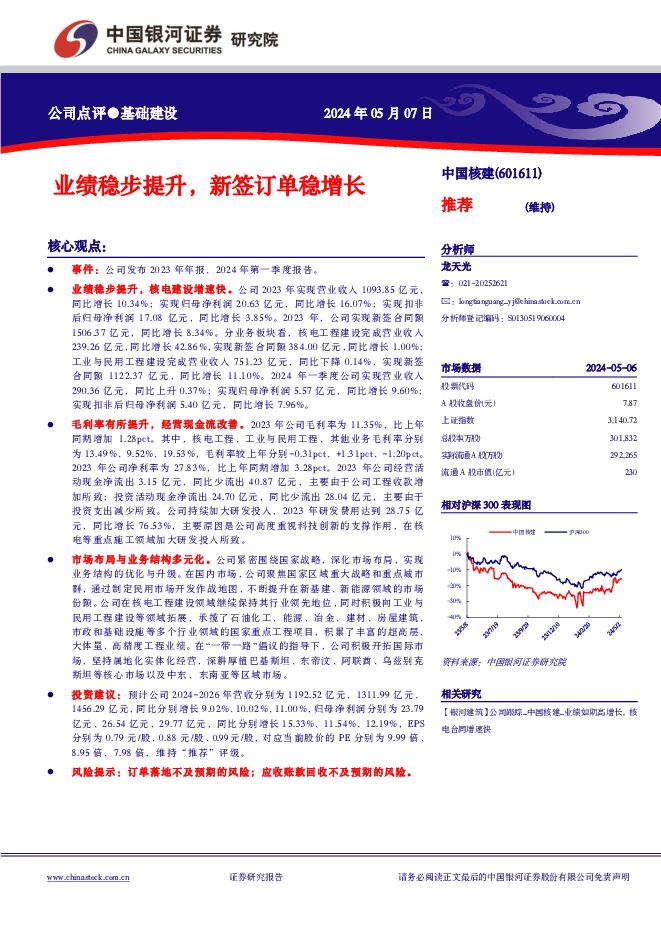 中国核建 业绩稳步提升，新签订单稳增长 中国银河 2024-05-08（3页） 附下载