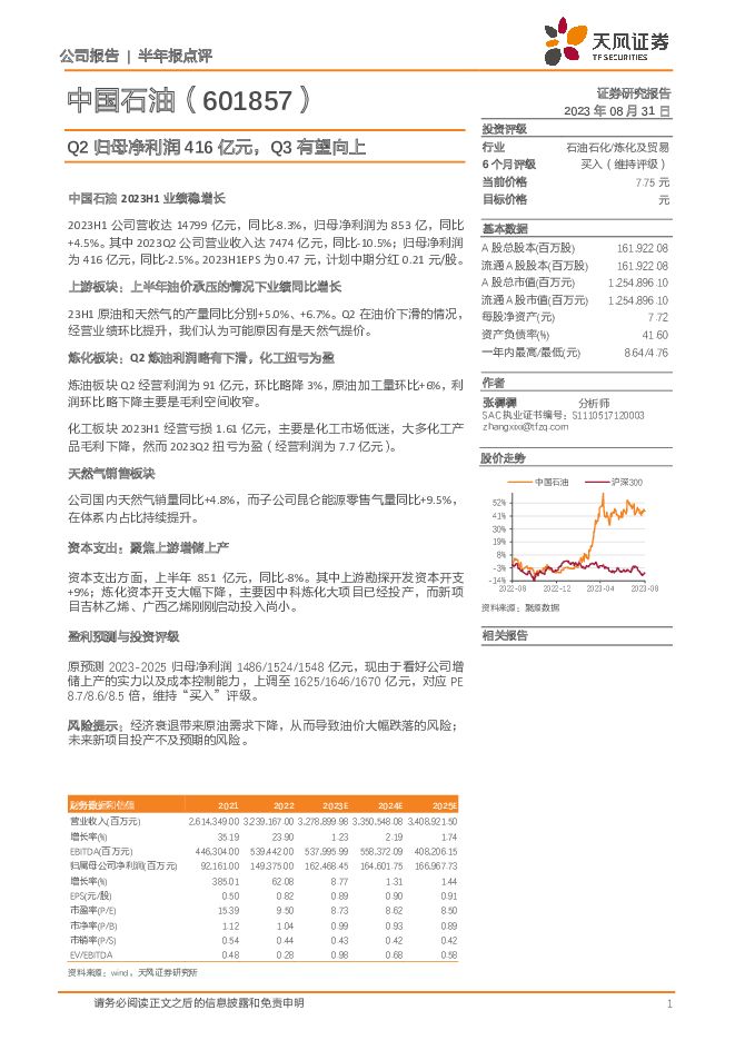 中国石油 Q2归母净利润416亿元，Q3有望向上 天风证券 2023-08-31（3页） 附下载