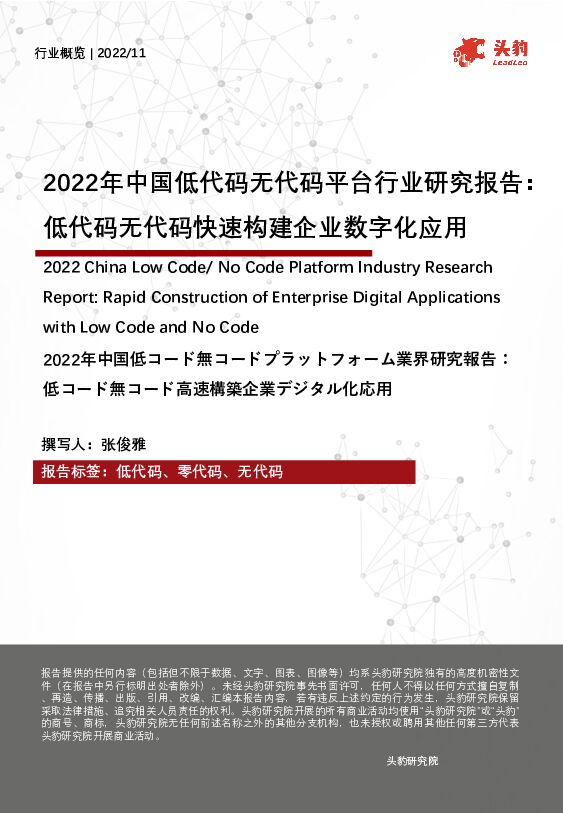 2022年中国低代码无代码平台行业研究报告：低代码无代码快速构建企业数字化应用 头豹研究院 2022-12-06 附下载