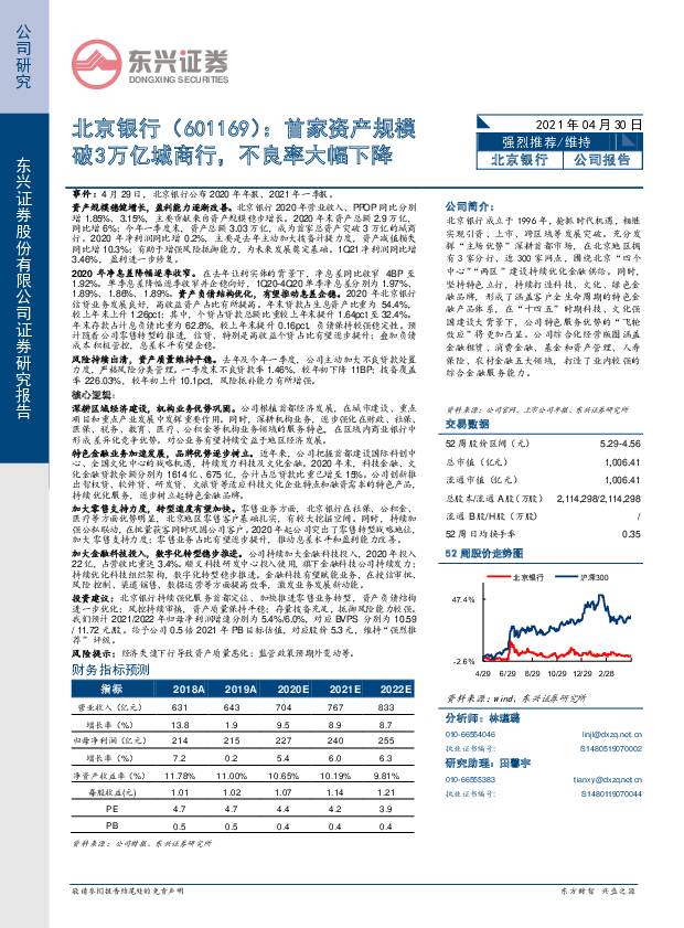 北京银行 首家资产规模破3万亿城商行，不良率大幅下降 东兴证券 2021-04-30