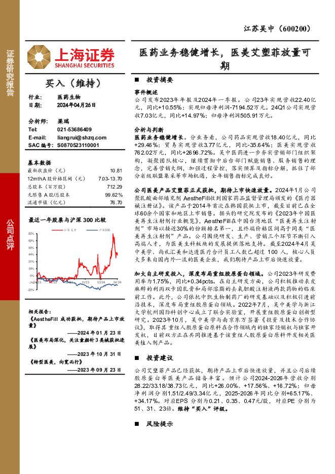 江苏吴中 医药业务稳健增长，医美艾塑菲放量可期 上海证券 2024-04-28（4页） 附下载