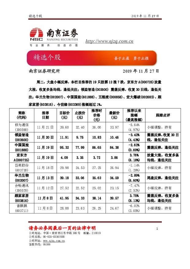 精选个股 南京证券 2019-11-27